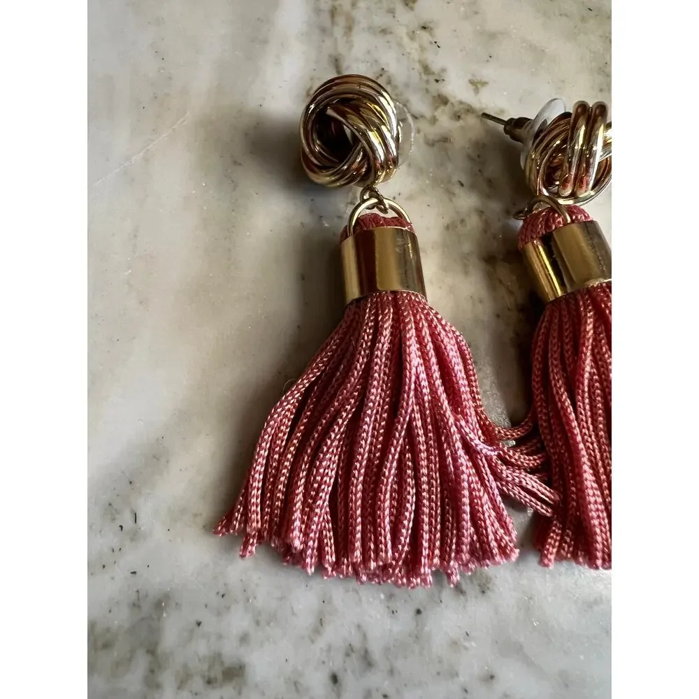 Gold Knot Tassel Drop Statement Earrings Pink Mauve